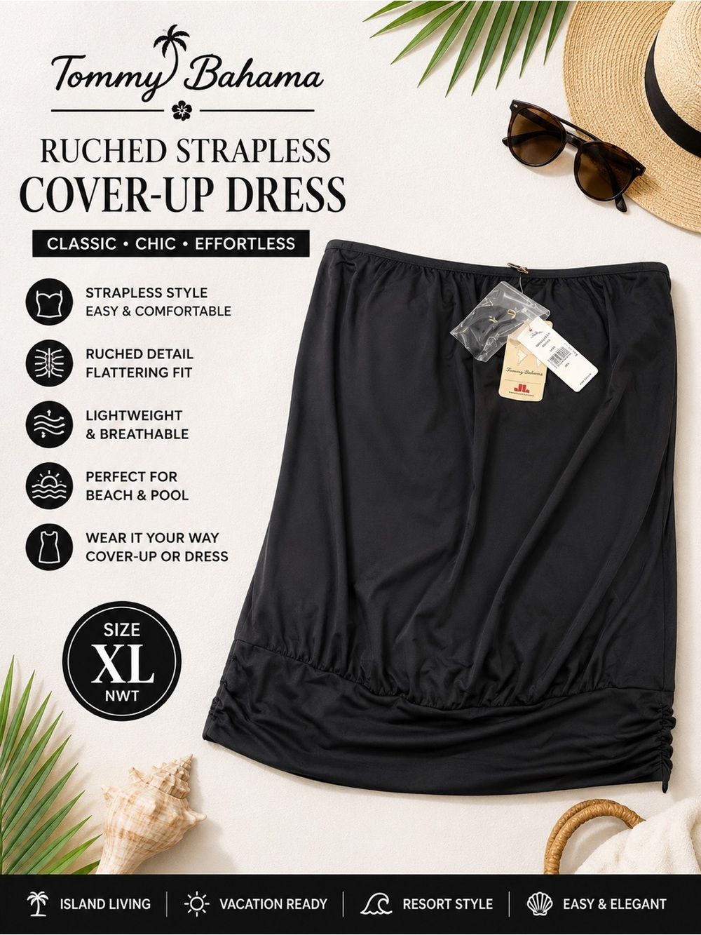 Tommy Bahama Black Ruched Strapless Swim Cover-Up Dress XL NWT